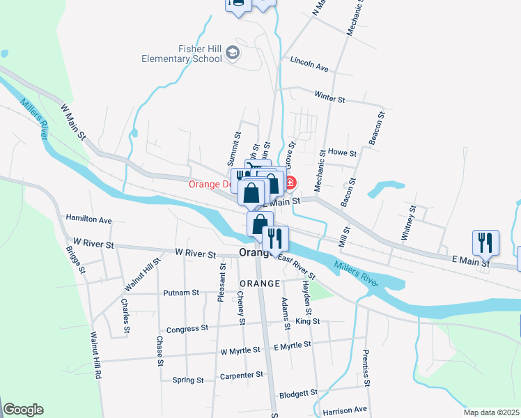 map of restaurants, bars, coffee shops, grocery stores, and more near 15-17 East Main Street in Orange