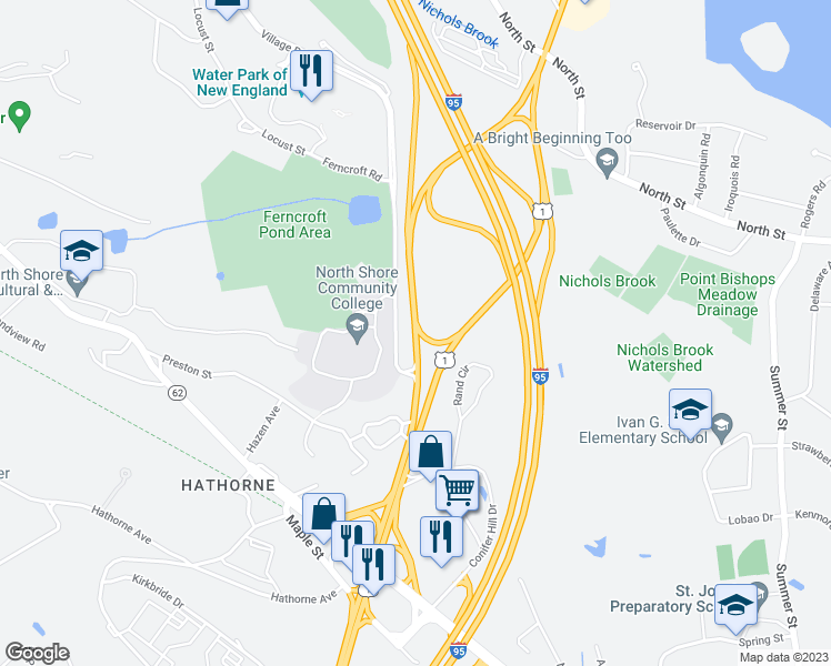 map of restaurants, bars, coffee shops, grocery stores, and more near 360 Newbury Street in Danvers