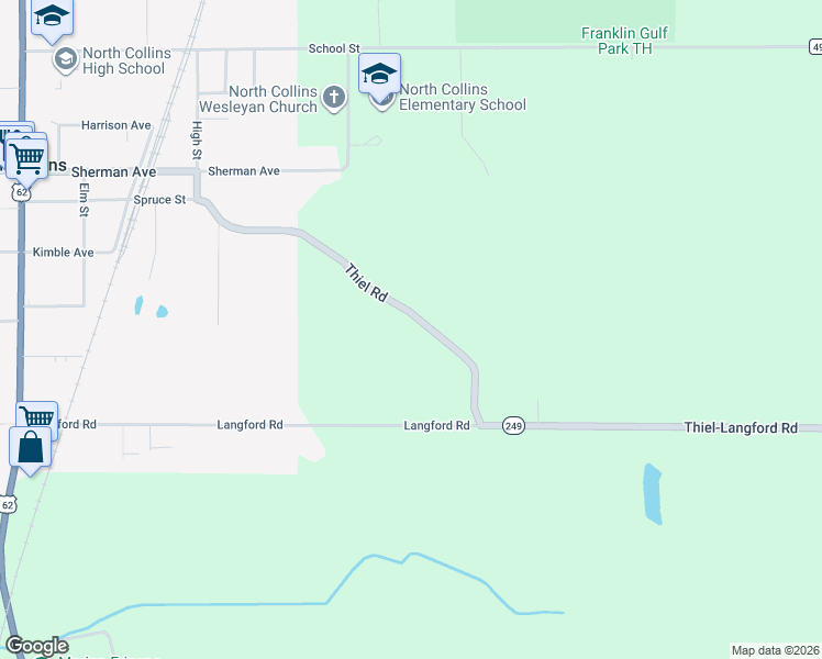 map of restaurants, bars, coffee shops, grocery stores, and more near 2251 Thiel Road in North Collins