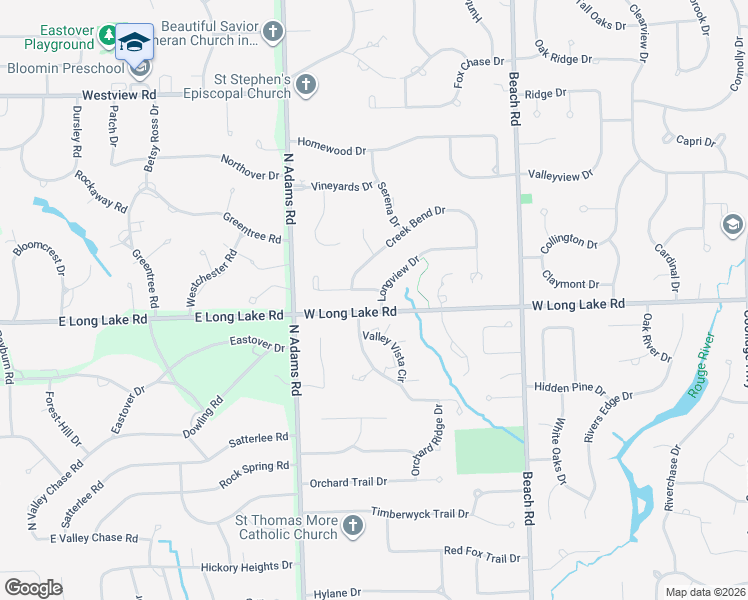 map of restaurants, bars, coffee shops, grocery stores, and more near 2925 Creek Bend Drive in Troy
