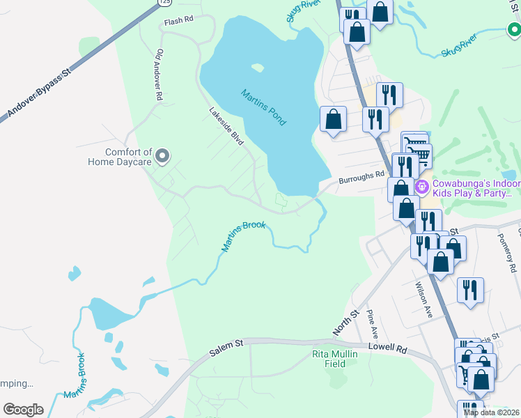map of restaurants, bars, coffee shops, grocery stores, and more near 67 Burroughs Road in North Reading