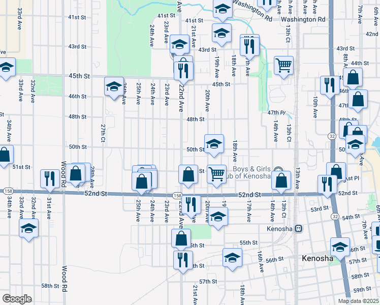 map of restaurants, bars, coffee shops, grocery stores, and more near 2107 50th Street in Kenosha