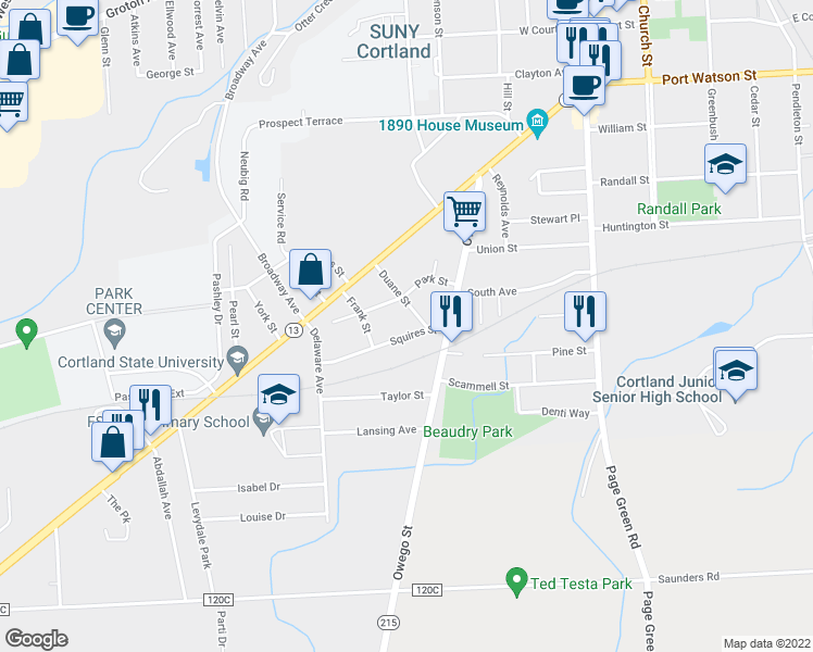 map of restaurants, bars, coffee shops, grocery stores, and more near 12 Squires Street in Cortland