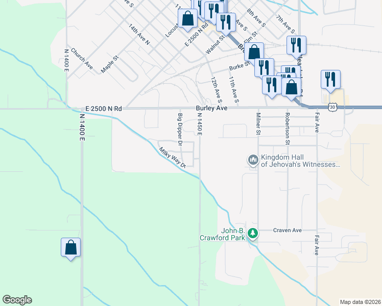 map of restaurants, bars, coffee shops, grocery stores, and more near 910 North 1450 East in Buhl