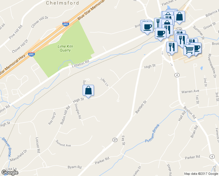 map of restaurants, bars, coffee shops, grocery stores, and more near 2 Lilac Lane in Chelmsford