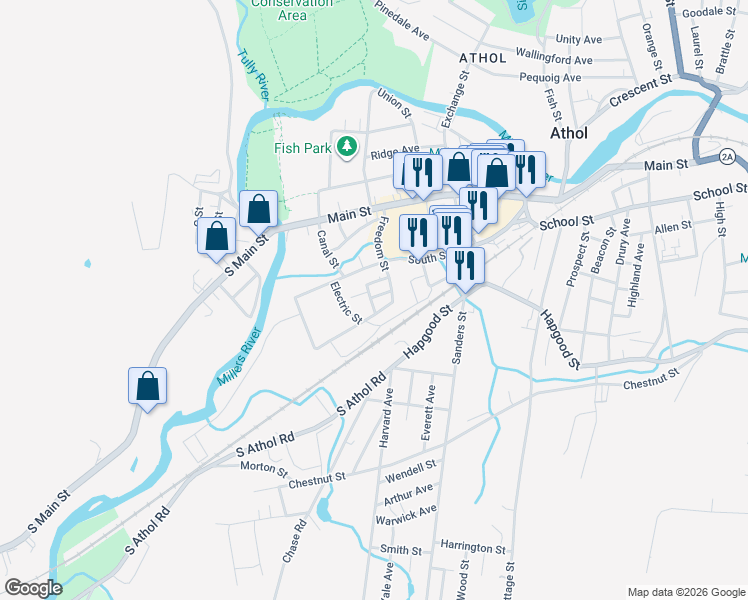 map of restaurants, bars, coffee shops, grocery stores, and more near 9 Hamlet Street in Athol