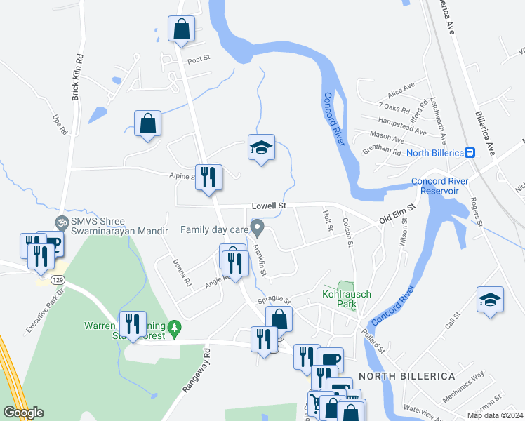 map of restaurants, bars, coffee shops, grocery stores, and more near 38 Lowell Street in Billerica