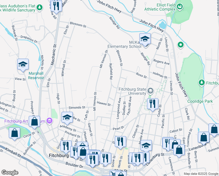 map of restaurants, bars, coffee shops, grocery stores, and more near 62 Wendell Road in Fitchburg