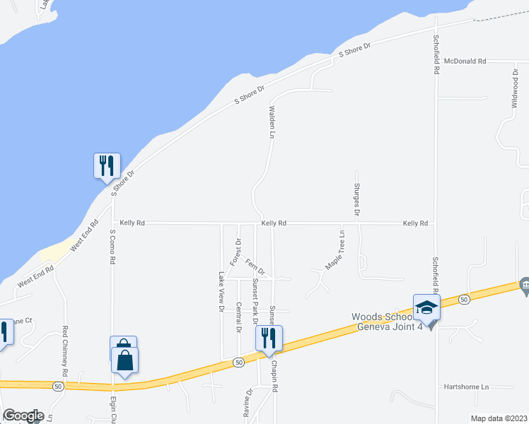 map of restaurants, bars, coffee shops, grocery stores, and more near N2706 Walden Lane in Lake Geneva