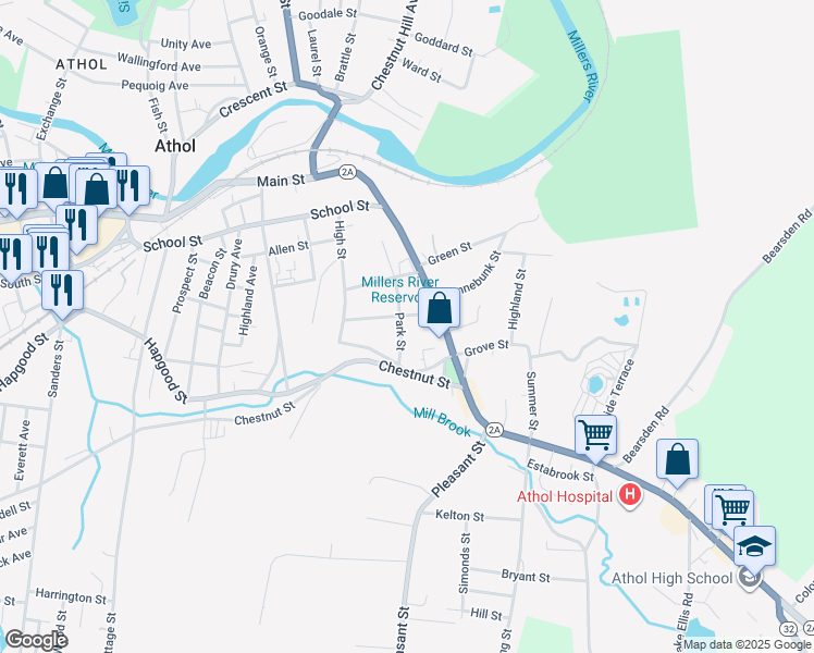 map of restaurants, bars, coffee shops, grocery stores, and more near 54 Central Street in Athol