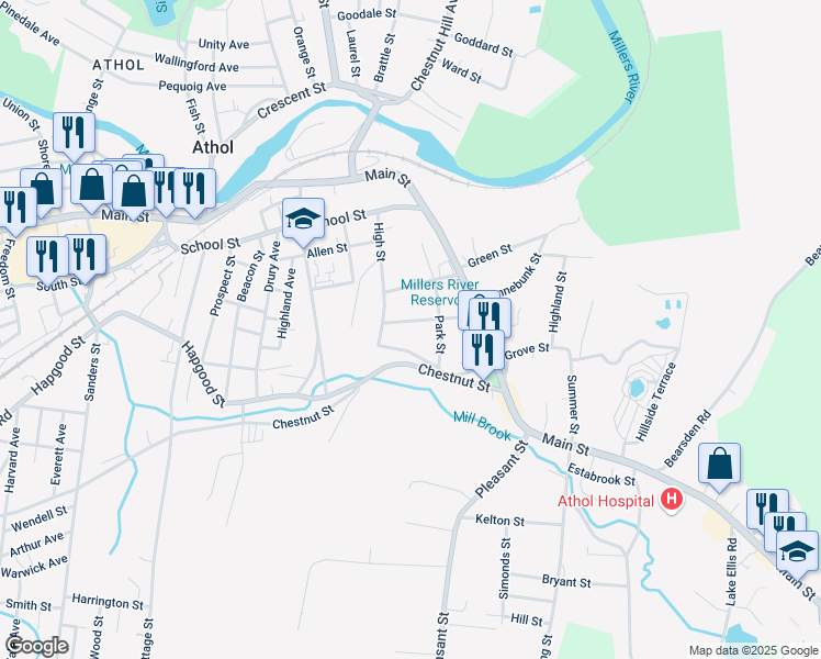 map of restaurants, bars, coffee shops, grocery stores, and more near 131 Central Street in Athol