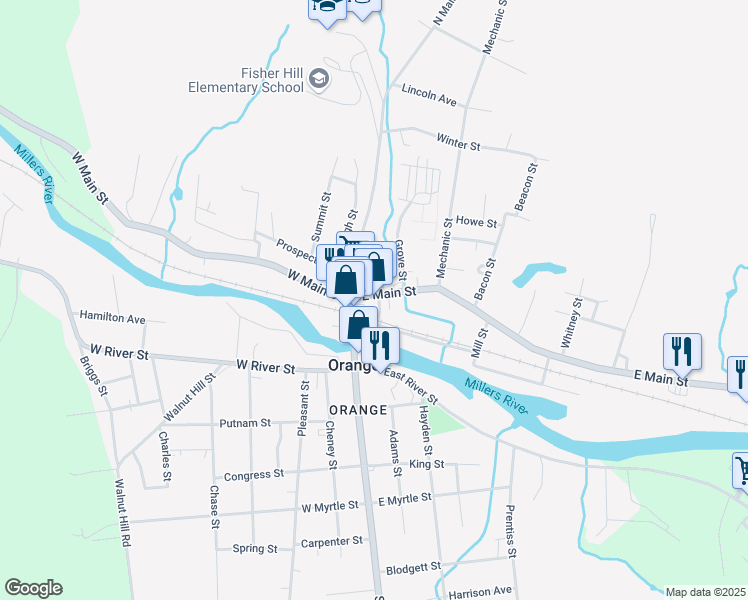 map of restaurants, bars, coffee shops, grocery stores, and more near 15-17 East Main Street in Orange