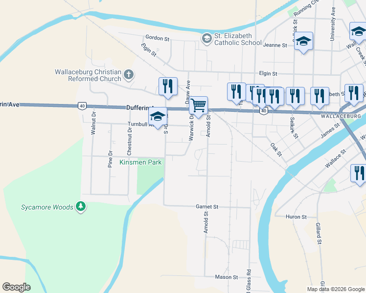 map of restaurants, bars, coffee shops, grocery stores, and more near 68 Phair Avenue in Wallaceburg