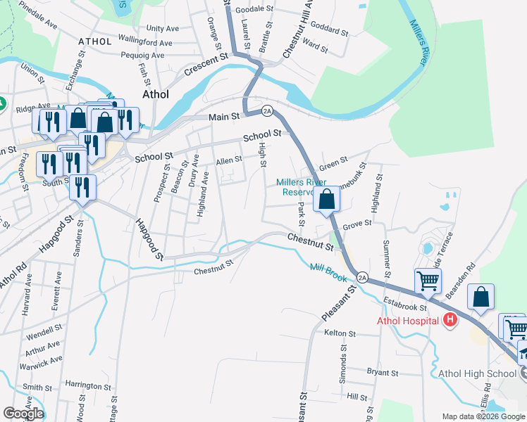 map of restaurants, bars, coffee shops, grocery stores, and more near 227 High Street in Athol