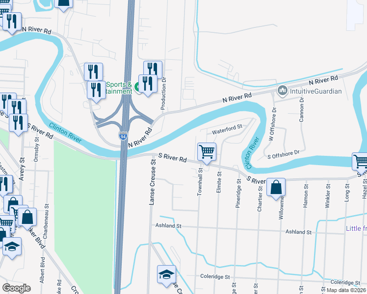 map of restaurants, bars, coffee shops, grocery stores, and more near 25601 South River Road in Harrison Township