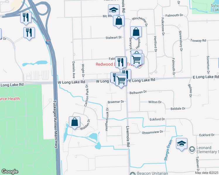 map of restaurants, bars, coffee shops, grocery stores, and more near 121 West Long Lake Road in Troy