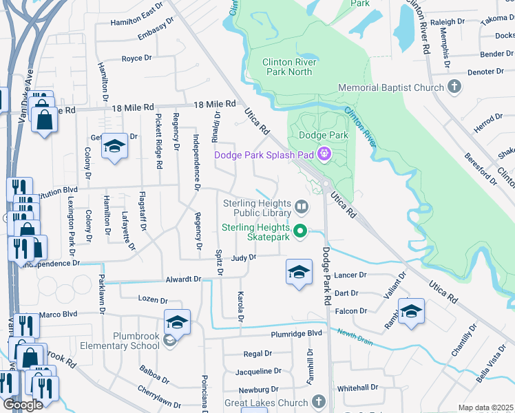 map of restaurants, bars, coffee shops, grocery stores, and more near 40371 William Drive in Sterling Heights