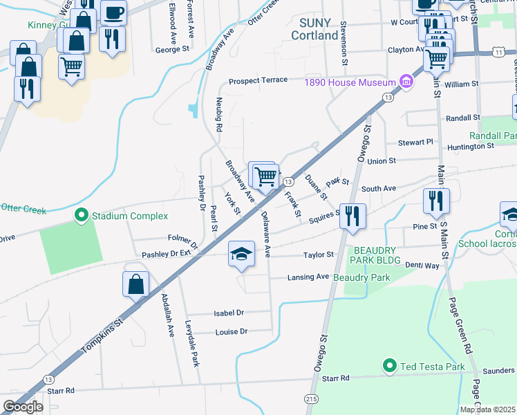 map of restaurants, bars, coffee shops, grocery stores, and more near Tompkins St & Delaware Ave in Cortland