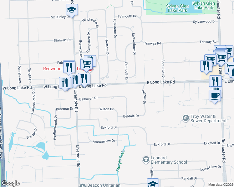 map of restaurants, bars, coffee shops, grocery stores, and more near 301 Belhaven Drive in Troy