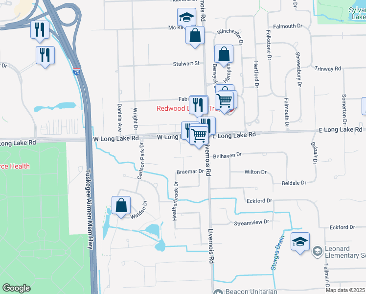 map of restaurants, bars, coffee shops, grocery stores, and more near 121 West Long Lake Road in Troy