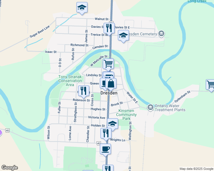 map of restaurants, bars, coffee shops, grocery stores, and more near 184 Queen Street West in Dresden