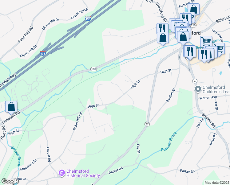 map of restaurants, bars, coffee shops, grocery stores, and more near 2 Lilac Lane in Chelmsford