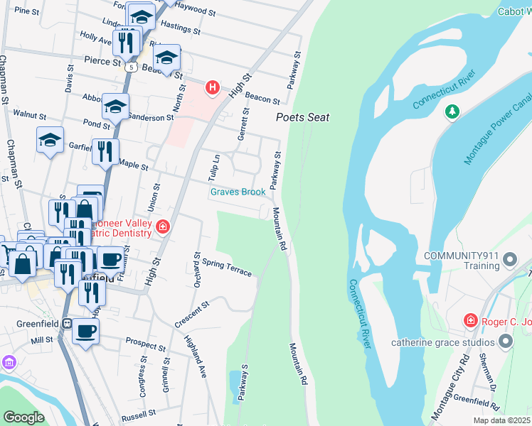 map of restaurants, bars, coffee shops, grocery stores, and more near 128 Mountain Rd in Greenfield