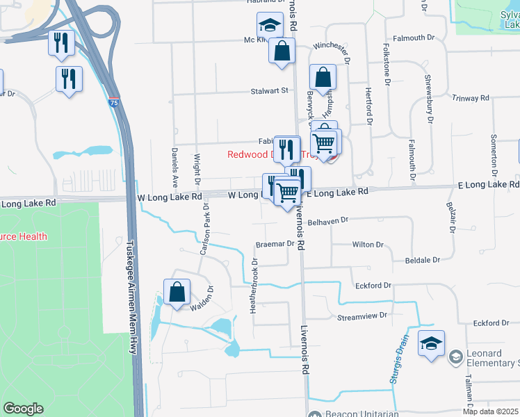map of restaurants, bars, coffee shops, grocery stores, and more near 121 West Long Lake Road in Troy