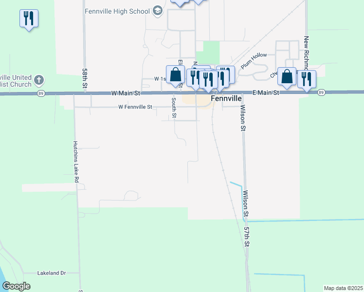 map of restaurants, bars, coffee shops, grocery stores, and more near 300-398 South Street in Fennville
