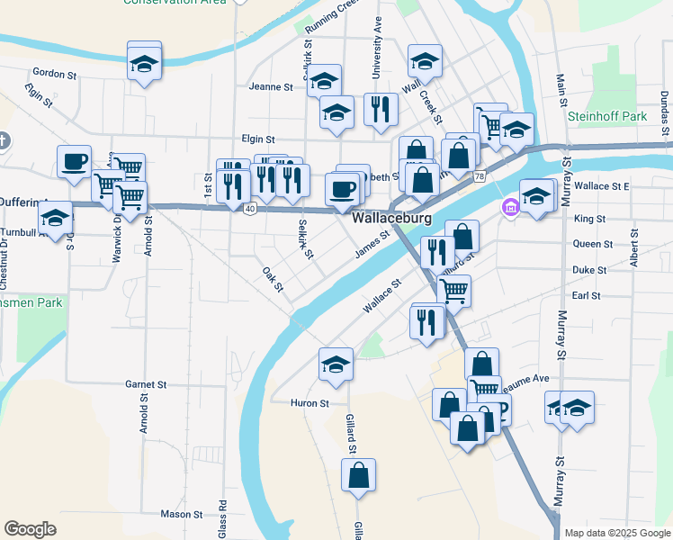 map of restaurants, bars, coffee shops, grocery stores, and more near 1042 James Street in Chatham-Kent