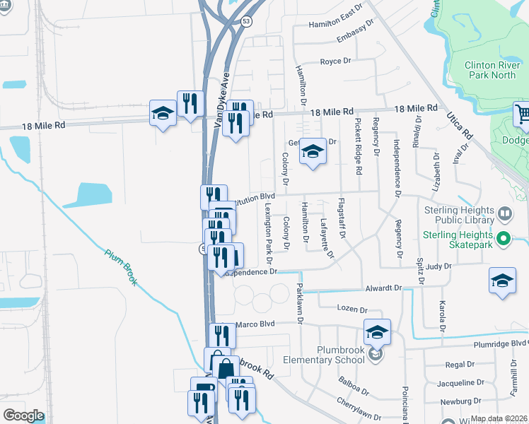 map of restaurants, bars, coffee shops, grocery stores, and more near 40430 Lexington Park Drive in Sterling Heights