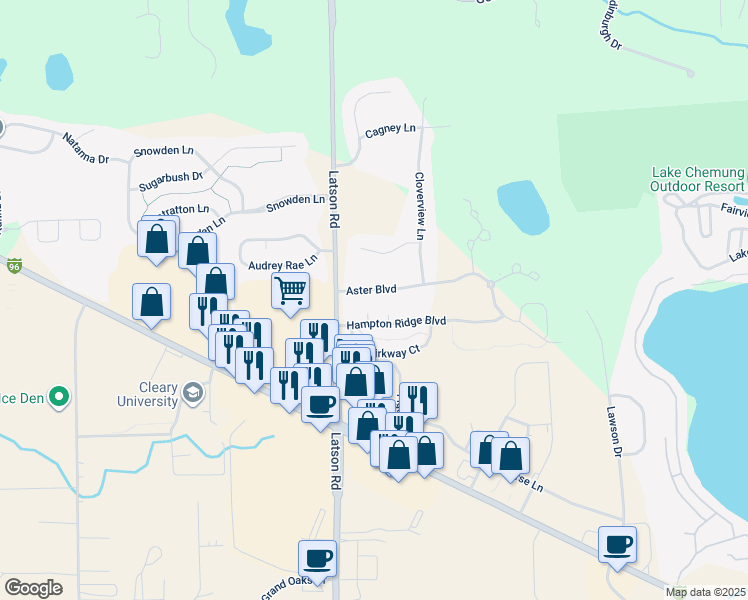 map of restaurants, bars, coffee shops, grocery stores, and more near 4076 Aster Boulevard in Howell