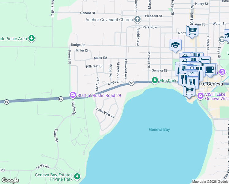 map of restaurants, bars, coffee shops, grocery stores, and more near 1420 West Main Street in Lake Geneva
