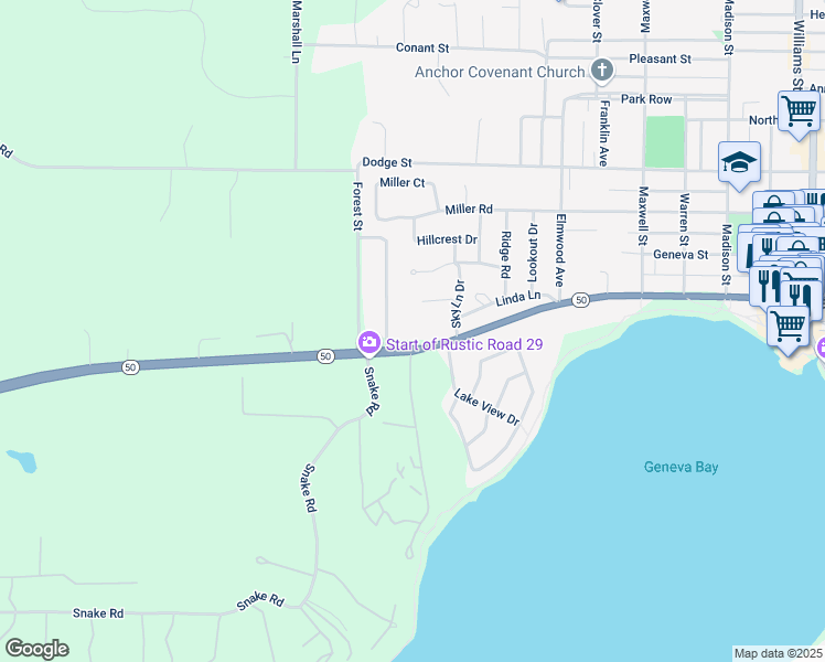 map of restaurants, bars, coffee shops, grocery stores, and more near 1723 West Main Street in Lake Geneva
