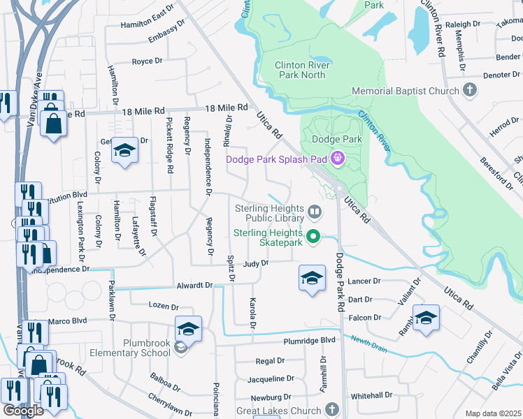 map of restaurants, bars, coffee shops, grocery stores, and more near 40371 William Drive in Sterling Heights