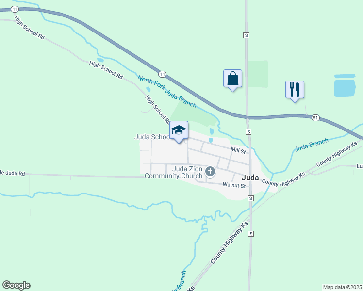 map of restaurants, bars, coffee shops, grocery stores, and more near N2385 Spring Street in Juda