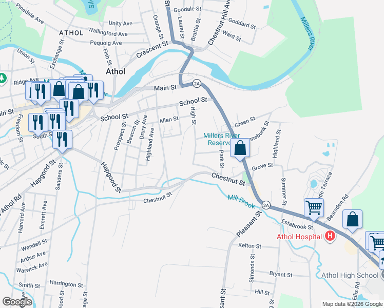 map of restaurants, bars, coffee shops, grocery stores, and more near 227 High Street in Athol