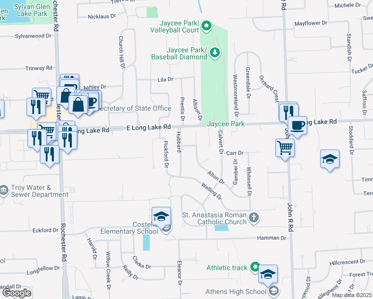 map of restaurants, bars, coffee shops, grocery stores, and more near 4916 Hubbard Dr in Troy