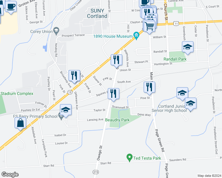 map of restaurants, bars, coffee shops, grocery stores, and more near 62 Owego Street in Cortland