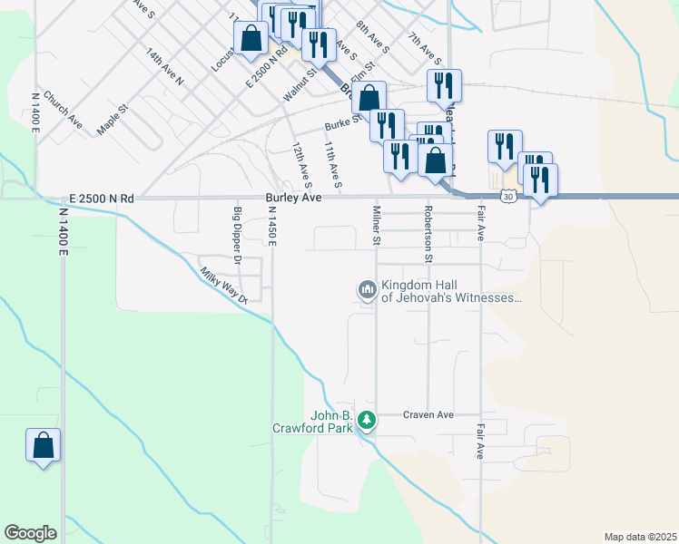 map of restaurants, bars, coffee shops, grocery stores, and more near 900 Milner Street in Buhl