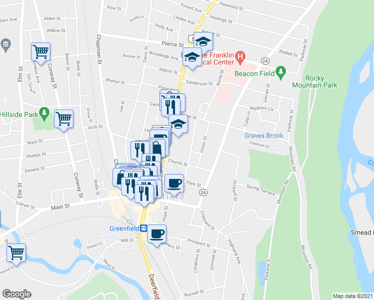 map of restaurants, bars, coffee shops, grocery stores, and more near 100 Franklin Street in Greenfield
