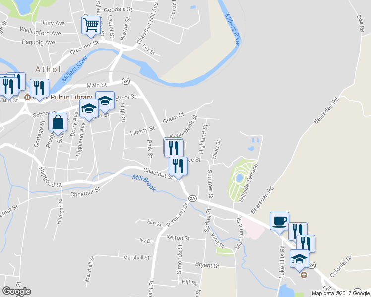 map of restaurants, bars, coffee shops, grocery stores, and more near 69 Auburn Place in Athol