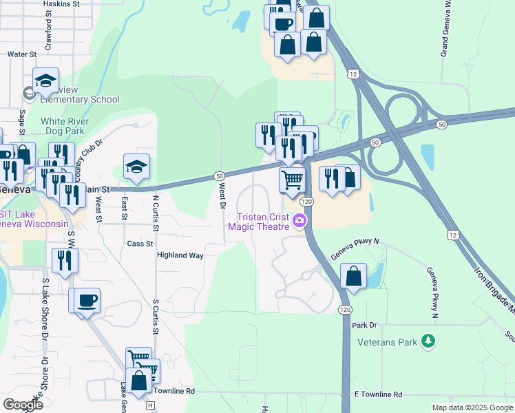map of restaurants, bars, coffee shops, grocery stores, and more near 3165 Lockwood Boulevard in Lake Geneva