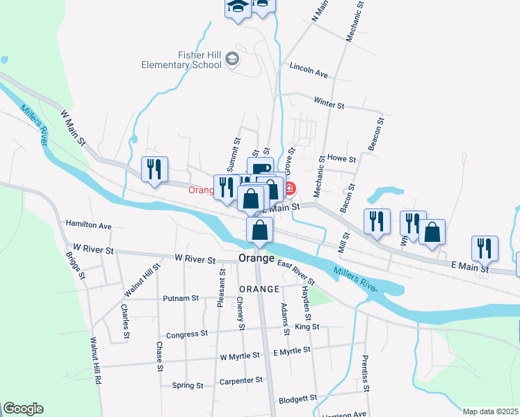 map of restaurants, bars, coffee shops, grocery stores, and more near 15 East Main Street in Orange