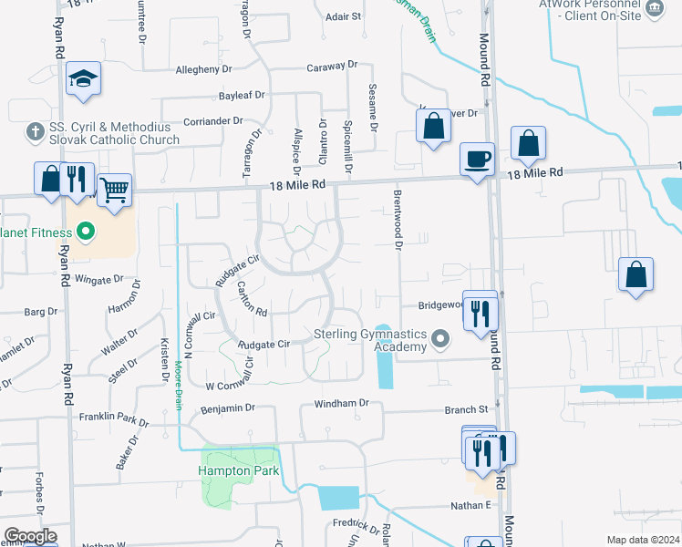 map of restaurants, bars, coffee shops, grocery stores, and more near 5136 Epsom Court in Sterling Heights