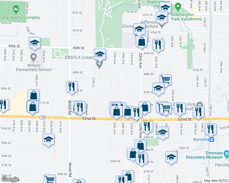 map of restaurants, bars, coffee shops, grocery stores, and more near 2424 50th Street in Kenosha
