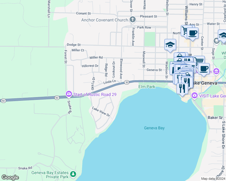 map of restaurants, bars, coffee shops, grocery stores, and more near 1420 West Main Street in Lake Geneva