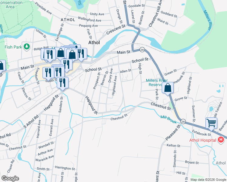 map of restaurants, bars, coffee shops, grocery stores, and more near 136 Highland Avenue in Athol