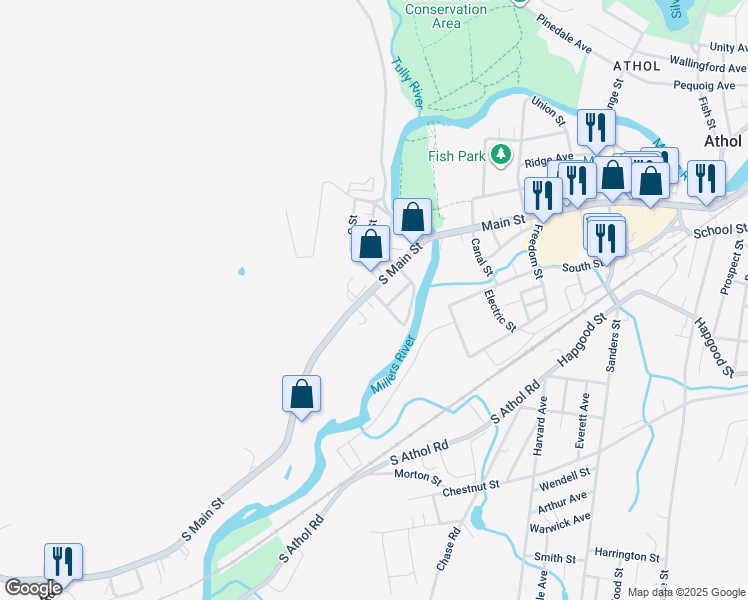 map of restaurants, bars, coffee shops, grocery stores, and more near 25 Bickford Drive in Athol