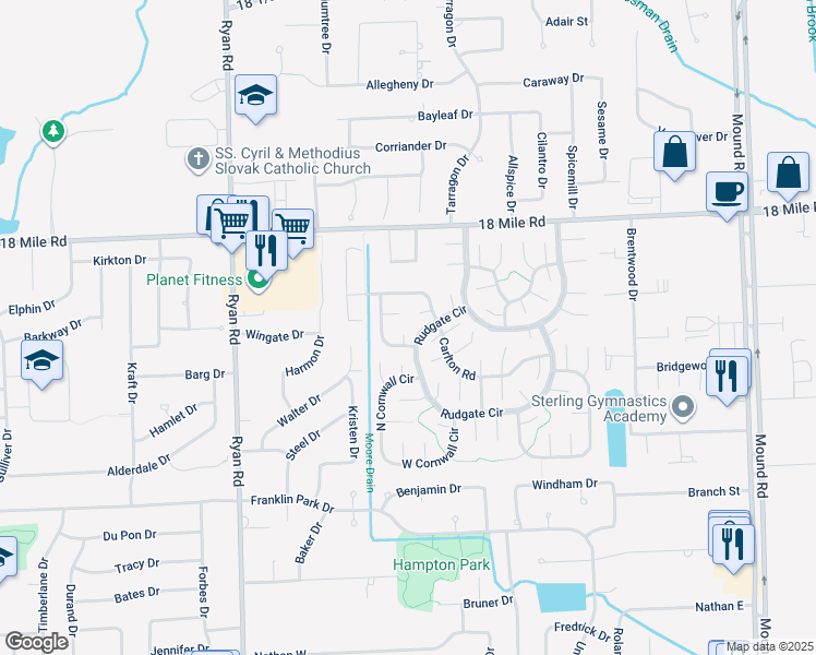 map of restaurants, bars, coffee shops, grocery stores, and more near 4542 Henry Court in Sterling Heights